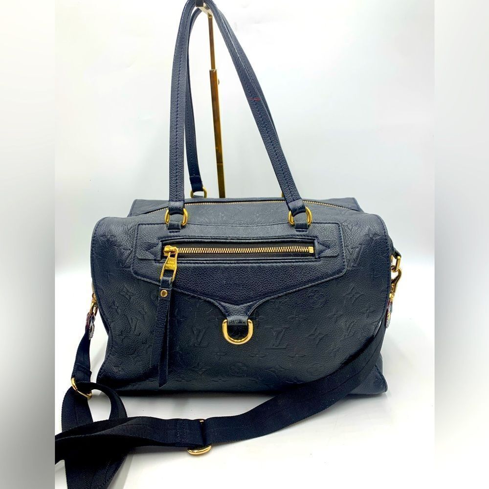 Auth Louis Vuitton Large Lumineuse PM Monogram Navy Blue Leather Tote Preloved